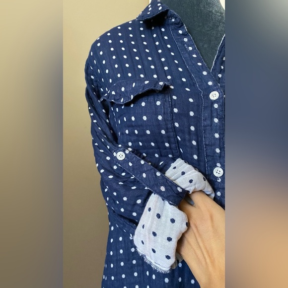 Kenneth Cole Reaction Blue White Polka Dot Cotton Gauze Button Down Size L - Picture 5 of 8